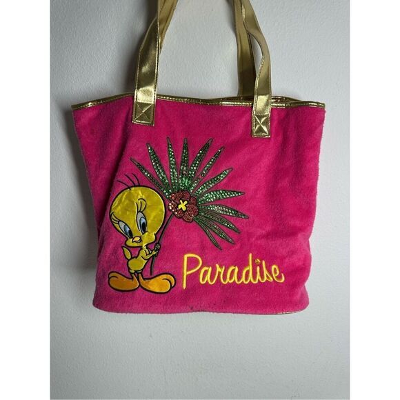 Y2K Tweety Bird Hot Pink Gold Terry Cloth Paradise Large Tote See Description - Picture 1 of 16